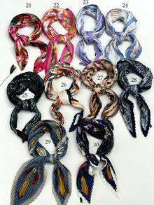 新款70cm正方形簡約印花圍巾，時尚女士帶有皺紋設計的圍巾。可用作頭巾，腰帶和腰帶，以及個人風格的匹配斗篷，頭帶，頭箍，是裝扮造型的理想選擇 - 彩色 - 查看 3