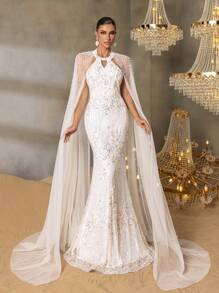 Faeriesty Faeriesty Luxury Pearl-Embroidered Mermaid Gown With Ethereal Sheer Cape Sleeves – Elegant Small Round Neckline, Floor-Length Fish Tail Hem & Formal Evening Dress For Gala Events, Wedding Receptions, Red-Carpet Premieres, Black-Tie Galas, And High-Society Celebrations