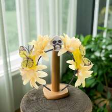 Diadema de Halloween para mujer con calaveras, flores y mariposas, aro para el pelo para fiestas, disfraces, accesorios para fotos. - Amarillo - Ver 2