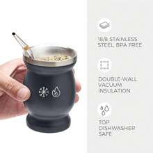 HF 8 Oz Stainless Steel Double-Wall Mate Cup And Bombilla Set - Yerba Mate Set Includes One Yerba Mate Cup, 2 Bombillas Mate (Straw) & Brush - Easy To Clean (Wood)