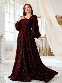 UNITHORSE Women Elegant Lantern Sleeve Waist Ruched Sequin Ruched Maxi Party Dress, Wedding Guest Dress, Formal Dress, Evening Dress, Bride Dress, Birthday Outfits, Graduation Dress, Fall Women Clothes - Burgundy - View 5