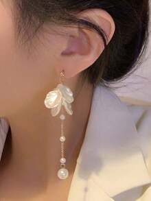 Korean Style Floral Faux Pearl Chain Dangle Earrings, Elegant Sweet Girl Ear Accessories - 白色 - 查看 2