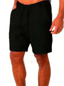 Men's Breathable Linen Beach Shorts, Summer Loose Men's Trousers - Hitam - View 3