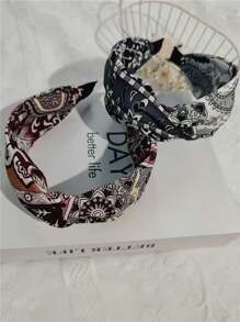 1 pieza Diadema ancha con lazo y estampado de flores, accesorio para el cabello de tela para uso diario, diadema para mujeres, accesorios para el cabello