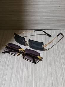 2pcs Unframed Retro Rectangular Metal Fashion Sunglasses, Classic Style For Outdoor Travel Beach Casual, Summer UV Protection Driving Glasses For Men & Women Shade Going Out Outfit Outdoor Beach Seaside Vacation And Gift For Family And Friends - 2PCS組合裝A - 查看 3