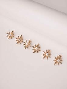 6 件金属花朵设计简约可爱发夹，适合婚礼、日常佩戴、度假场合 - 金色 - 查看 3