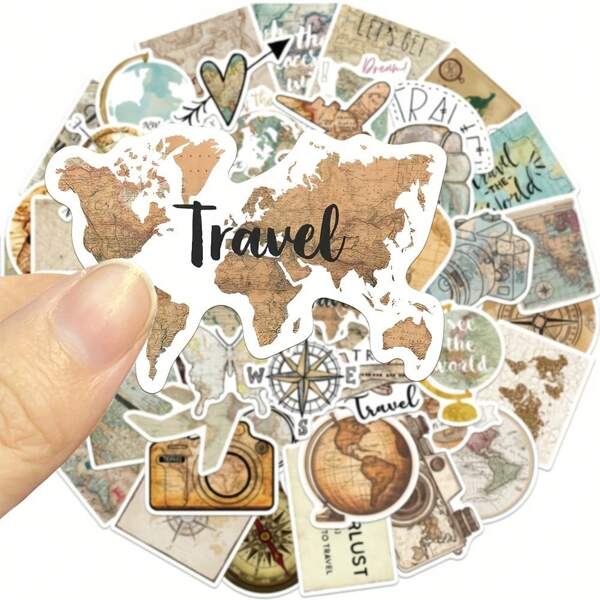 50pcs Retro Travel Map Stickers Set - Matte Finish For Scrapbooking, Laptops, Phone Cases & More - Cartoon-Themed, Mixed Colors