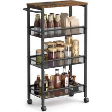 4-Tier Rolling Cart, Narrow Kitchen Cart, Niche Shelf On Wheels, Steel, Handle, For Small Spaces, 22 X 45.4 X 77 Cm, Kitchen, Bathroom, Living Room, Study, Vintage Brown-Black