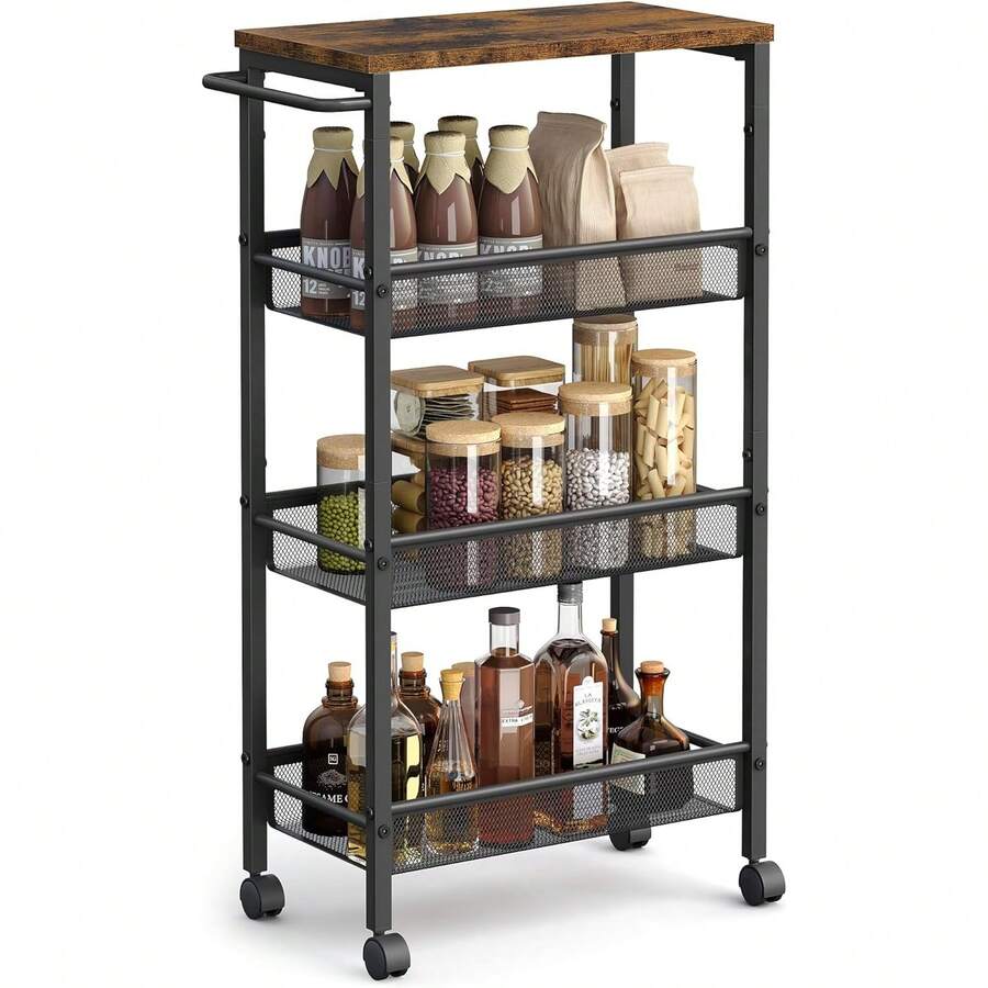 4-Tier Rolling Cart, Narrow Kitchen Cart, Niche Shelf On Wheels, Steel, Handle, For Small Spaces, 22 X 45.4 X 77 Cm, Kitchen, Bathroom, Living Room, Study, Vintage Brown-Black