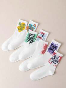 1/5/10 双彩绘字母时尚男女中筒袜，适合街头风格休闲装，彩色袜子，优质礼品袜 - 彩色 - 查看 2