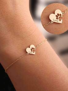 Customized Cute Paw Print Heart Shaped Bracelet, Personalized Pet Memorial Gift With Name, Cat Dog Paw Bracelet, Animal Friendly Jewelry - Gold - View 6