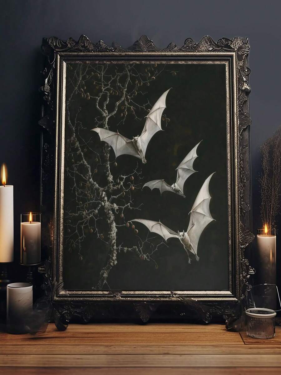 1 tấm áp phích in, tranh vải nghệ thuật treo tường hình con dơi và hoa hồng cổ điển Gothic thanh lịch để trang trí nhà cửa, phòng khách, phòng ngủ, quán cà phê hoặc văn phòng, một món quà lý tưởng, có khung
