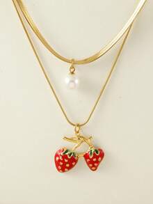 1 件不锈钢双层蛇骨项链，带树脂仿珍珠和水果吊饰（草莓、西瓜、樱桃），非常适合夏季郊游、海滩、情人节礼物和日常佩戴，适合所有场合
