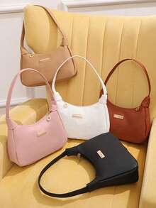 Lychee Grain PU Women's Bag, Fashion Shoulder Bag For Women, Solid Color Synthetic Leather Handbag With Zipper Closure And Wristlet, Polyester Lined, Versatile Underarm Dumpling Purse - Available In White, Black, Pink,Khaki,Brown