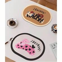 Oval Dopamine Cartoon PU Waterproof Anti-Oil Placemat, Heat-Resistant Trivet Mat For Table, Plate And Cup, Kitchen Decor - Multicolor - View 2