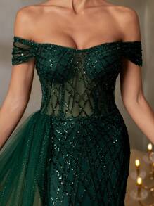 Luxury Off-Shoulder Beaded Evening Gown With Back Tied Closure & Asymmetric Flowing Train – Elegant Black-Tie Galas, Red Carpet Premieres, Luxury Weddings, High-Fashion Evenings, Formal Gala Dinners