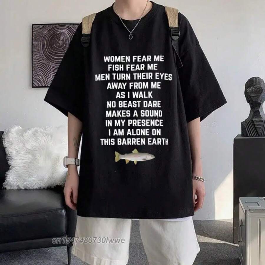 Women Fear Me Fish Fear Me Men Women Informal T-Shirt Tops Tshirt Loose T-Shirt Crew Fitted Soft Anime Manga Tee Clothes - 黑色 - 查看 1