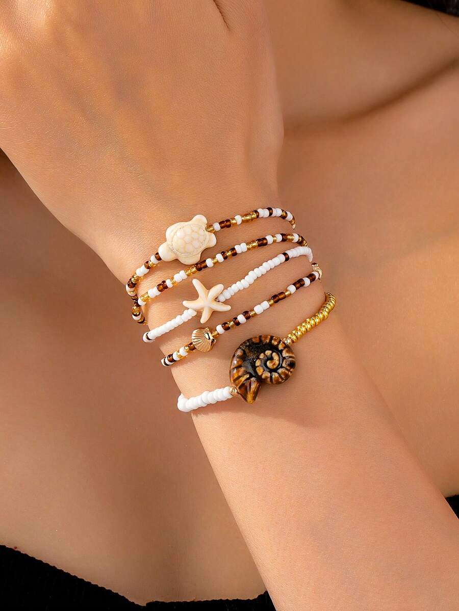 5 Pcs Women Ocean Style Starfish Shell Decor Beaded Bracelets Set, Bohemia Style Stacked Mini Seed Beads Bracelet, Fashionable Boho Jewelry Suitable For Vacation, Daily Wear, Beach Travel. - Multicolor - View 1