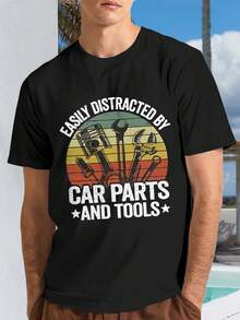 Easy To Be Distracted By Car Parts And Tools, Mechanic 1pc, Pure Cotton, Seasonal Casual Men'S T-Shirt, Round Neck Pure Cotton Short Sleeved T-Shirt, Holiday Gift - Black - View 1