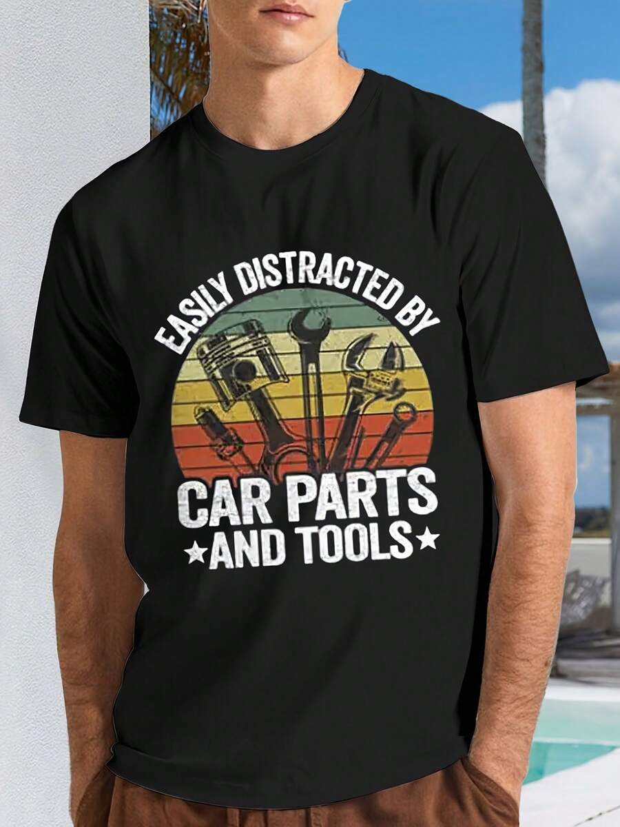 Easy To Be Distracted By Car Parts And Tools, Mechanic 1pc, Pure Cotton, Seasonal Casual Men'S T-Shirt, Round Neck Pure Cotton Short Sleeved T-Shirt, Holiday Gift - Black - View 1