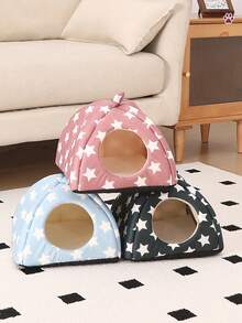 1个蓝色星形图案仓鼠床，兔子藏身处，舒适温暖的小宠物窝，可水洗，适合小型宠物、雪貂和兔子