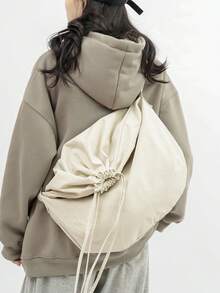 新款简约抽绳包，男士纯色单肩包，大学生复古手提包，斜挎包，适合旅行、通勤、购物、校园