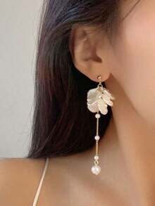 Korean Style Floral Faux Pearl Chain Dangle Earrings, Elegant Sweet Girl Ear Accessories - 白色 - 查看 3