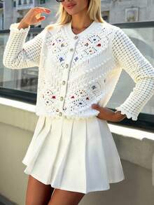 Women's Floral Pattern Long Sleeve Hollow Out Single-Breasted Loose Elegant Knitted Cardigan - Beige - View 3