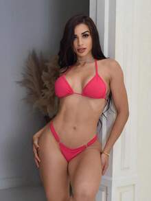 Sexy Tanning Bikini With Adjustable Thin Strap And Thong - 粉紅玫瑰 - 查看 1