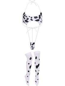 FYMNSI Women Milk Cow Lingerie Set Anime Maid Cosplay Costume Bikini Bra Bodysuit With Bell Choker Stockings Outfit - 乳牛連身泳衣套裝 - 查看 9