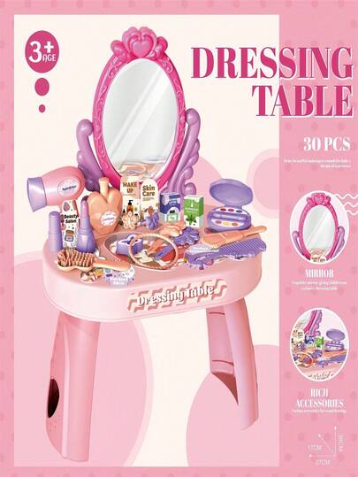 Children's Fun Vanity Table Simulation Makeup Desk Princess Accessories Makeup Mirror Small Comb Parent-Child Interactive Role Play Toy Set Combination Suitable For Girls 3 Years And Above Birthday Gift Christmas Gift Box (Accessory Colors Random)