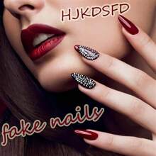 Almond Press On Nails Medium Length Fake Nails Black Goth Acrylic Glue On Nails Glow In The Dark False Nails With Designs Full Cover Glue On Nails Reusable Artificial Nails For Women 24Pcs