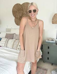 Women's Summer Sleeveless Mini Dress With Built-In Shorts - Khaki - View 7