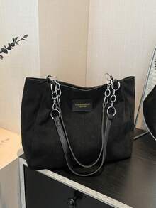 1 pièce Sac fourre-tout à l'épaule, grande capacité, fermeture à glissière, mode et polyvalent pour le trajet, les voyages, les achats, les sorties, cadeau pour les adolescentes, les étudiantes et les femmes actives. Convient pour le bureau, l'école, le travail, les affaires, le trajet, l'extérieur, les voyages - Noir - Voir 1