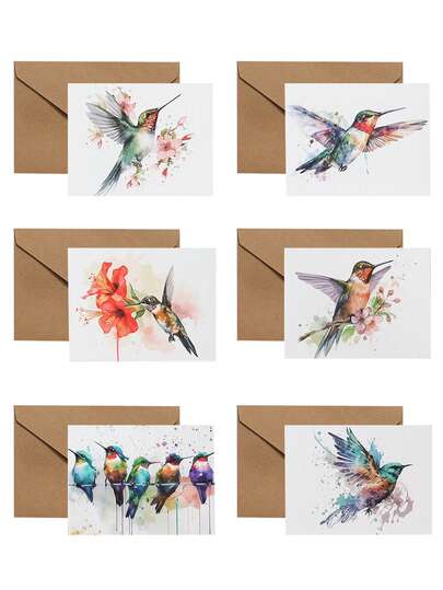 24张/12套蜂鸟主题贺卡，6种不同设计，生日派对贺卡，节日庆祝祝贺好运贺卡，毕业祝福贺卡，适用于各种场合，可用作感谢卡、贺卡、慰问卡、办公用品、节日装饰和礼品标签、派对礼品，包含12张卡片和12个信封。