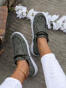 Women's Casual Gray Breathable Anti-Slip Canvas Shoes, Solid Color Pattern Canvas Material, Round Toe Elastic Lace-Up Easy On/Off Flat Sneakers, Lightweight Work Shoes - Grey - View 5
