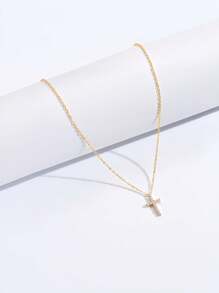 1pc Women's Gold-Color Rhinestone Cross Pendant Necklace, Suitable For Everyday Wear