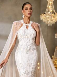 Faeriesty Faeriesty Luxury Pearl-Embroidered Mermaid Gown With Ethereal Sheer Cape Sleeves – Elegant Small Round Neckline, Floor-Length Fish Tail Hem & Formal Evening Dress For Gala Events, Wedding Receptions, Red-Carpet Premieres, Black-Tie Galas, And High-Society Celebrations