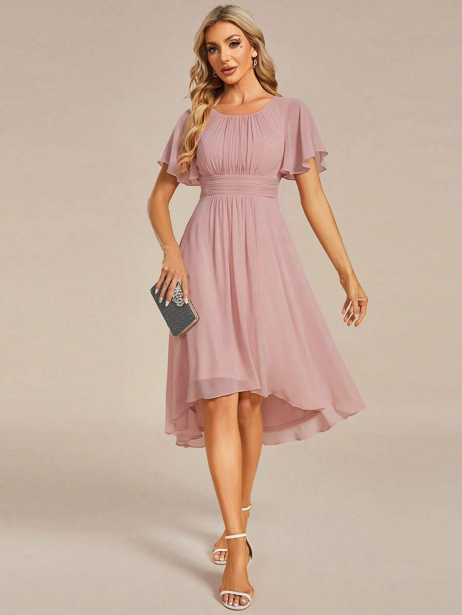 Vestido de dama de honor elegante con mangas con volantes y plisado de gasa rosa para mujer en otoño, vestido formal para invitados de boda