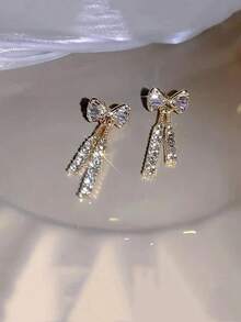 1pair Shiny Bowknot Shaped Crystal Dangle Earrings With Tassel For Women, Gift Valentines - 黃金 - 查看 2