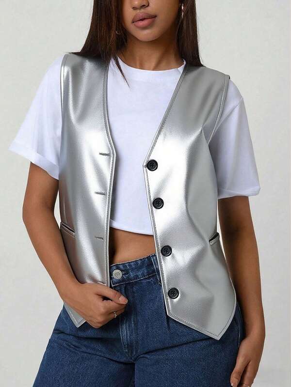 Women's Vintage Casual Loose PU Leather Sleeveless V-Neck Jacket, Autumn Winter Minimalist Style For Daily Wear, Button Up For Christmas & New Year Eve Party Valentine's Day