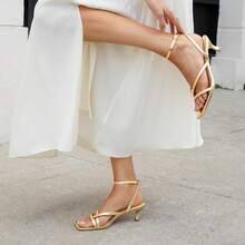 Athlefit Tacones De Mujer Strappy Kitten Heels Square Toe Ankle Strap Sandals Dressy Party Shoes - 金色 - 查看 6