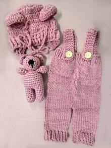 Newborn Photography Clothing Hand-Knitted Suspender Jumpsuit Costumes And Bear Ear Hat Teddy Bear Dolls Decor Outfits - 彩色 - 查看 8