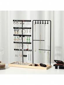 1pc Dual-Door Detachable Jewelry Display Stand, Wooden Base Holder For Earrings, Necklaces, Pendants, Tabletop Organizer, Ideal For Gift Or Business Use Valentine Day Back To School,Holiday Essentials,Jewellery,Storage,Bedroom - Log Base + Single Rod Double Door - View 5