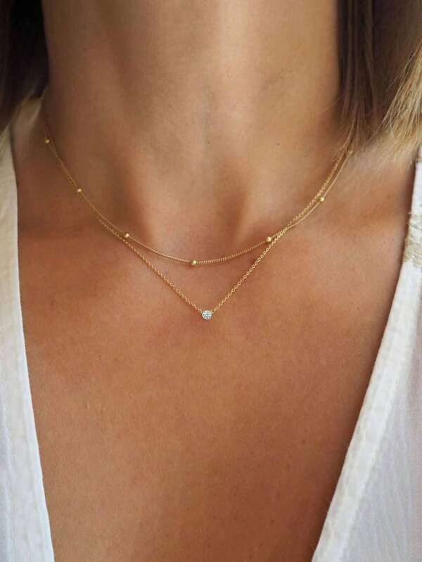 2pcs/Set Circular Zirconia Pendant Double-Layer Chain Necklace, Minimalist & Fashionable, Versatile Diamond Collar Chain Suitable For Women & Girls