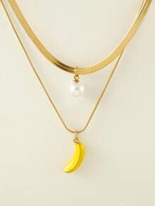 1 件不锈钢双层蛇骨项链，带树脂仿珍珠和水果吊饰（草莓、西瓜、樱桃），非常适合夏季郊游、海滩、情人节礼物和日常佩戴，适合所有场合