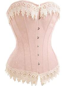 Womens Vintage 1920s Renaissance Lace Trim Corset Bustier, Retro Fashion - 粉紅色蕾絲 - 查看 1