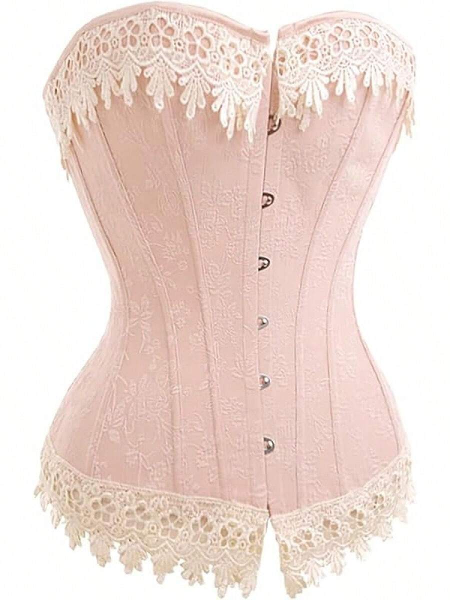 Womens Vintage 1920s Renaissance Lace Trim Corset Bustier, Retro Fashion - 粉紅色蕾絲 - 查看 1