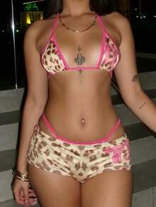 Sexy Sommer Zweiteiler mit Leoparden-Muster Farbblock, figurbetonter Passform, ärmelloser Neckholder, passende elastische Hot Pants, Strandurlaubs-Outfit für Frauen - Braun - Übersicht 6