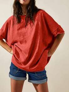 Women's Oversized T Shirts Casual Summer Crew Neck Loose Dropped Short Sleeve Side Slit Hem Blouse Tunic Tops - Đỏ - Xem 1